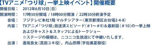 開催日程：	2012年6月10日（日）
開演時間：	17時30分開場 ／ 18時00分開演 ／ 22時30分終演予定
会場：	フジテレビ本社1階 マルチシアター　（東京都港区お台場2-4-8）
内容：	TVアニメ「つり球」放送済エピソード（＃1～＃9）＆最新話（＃10）の一挙上映
およびキャスト＆スタッフによるトークショー
※ステージの模様は、ニコニコ生放送にて中継いたします。
出演：	逢坂良太（真田ユキ役）、内山昂輝（宇佐美夏樹役）
大野敏哉（シリーズ構成）、南 成江（プロデューサー）
